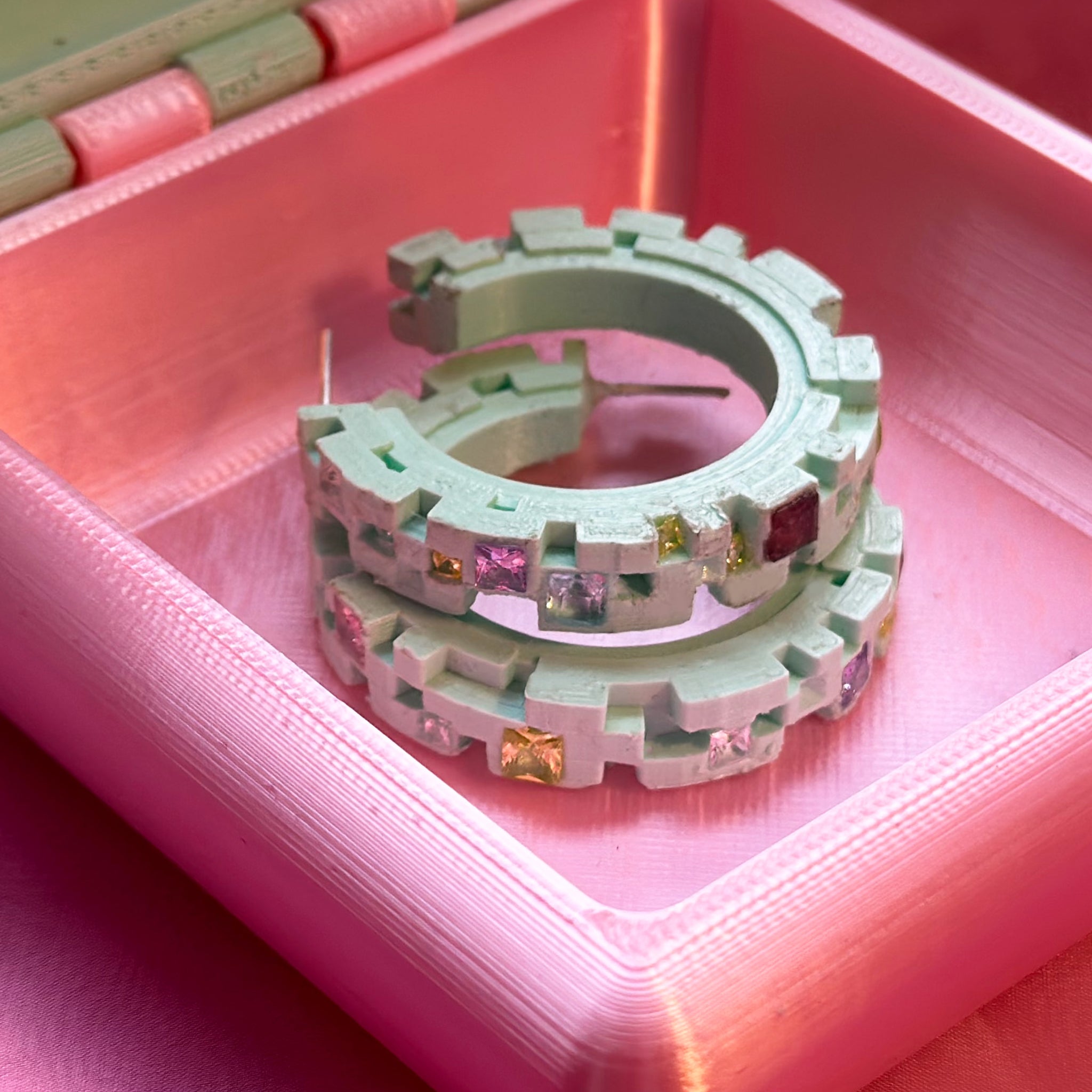Printed Pink PLA & Gems Pixelation Hoop Earrings